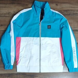 Calvin Klein Color Block Track Jacket, Spell Out, Hidden Hood, Vented Back, Med